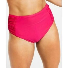 Bar III Women's High-Waist Bikini Bottoms Pink Ruched Sides Shirred L