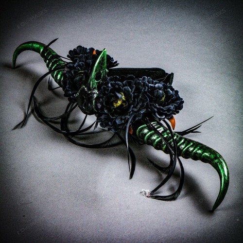Disfraz de cuervo Diablo Animal Calavera con cuernos de impala Diadema Diadema Negro Verde - Imagen 3 de 8