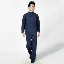 Mens 2 Piece Chinese Kung Fu Suit Shirts Pants Martial Arts Frog Button Top