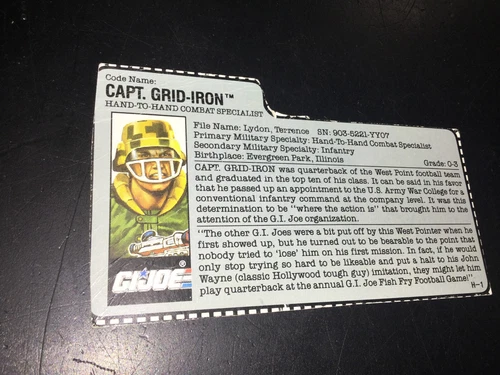 Vintage GI Joe Cobra Figure Filecard 1990 1989 Capt Grid Iron Original Hasbro