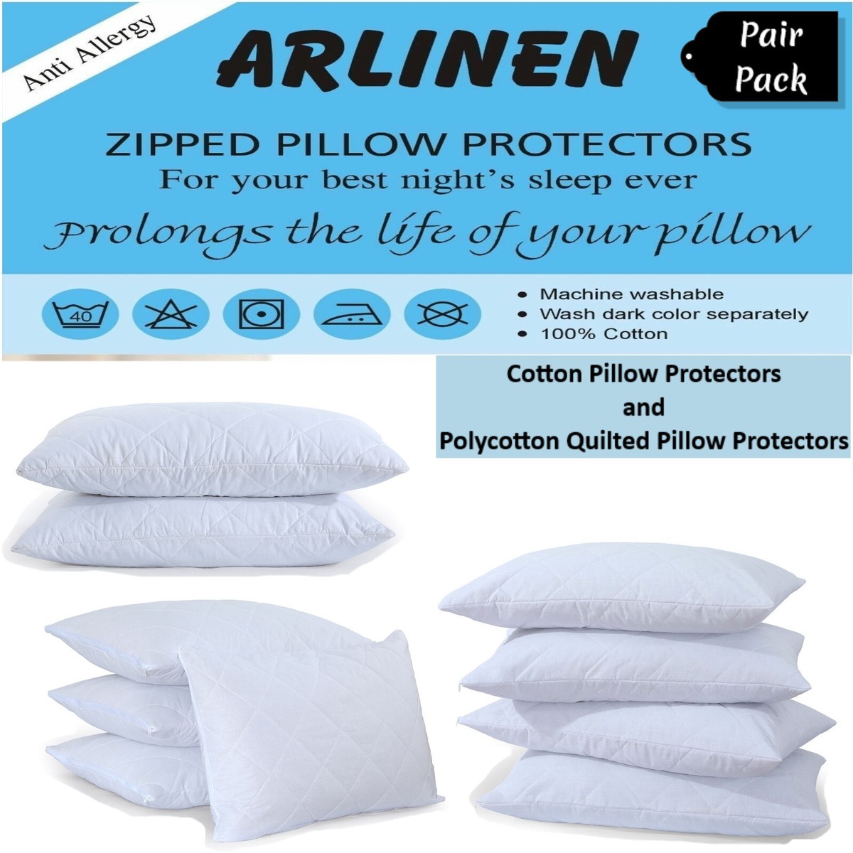 Quilted Pillow Protectors (Pack Of 2 Or 4) – Polycotton, Anti-Allergy, Zippered, White – 74cm X 48cm (Standard Size)