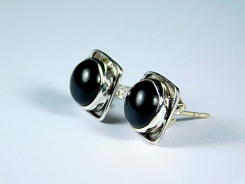 925 Pure Silver BLACK ONYX RETRO STYLE Studs Earrings 10 mm NEW - Picture 2 of 7