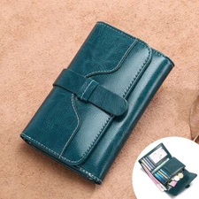 Womens Genuine Leather Wallet Credit More Card Slots Zipper Coin Trifold Purse