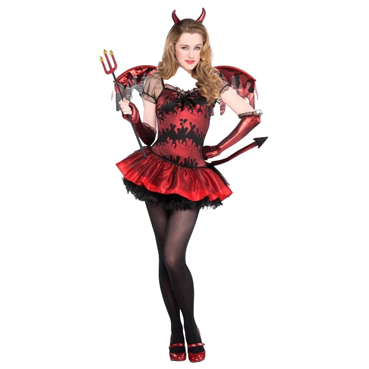ladies devil fancy dress Sequin Devil Costume | Fun Halloween Adult Costume | Stretchy & Performance Blend | Red
