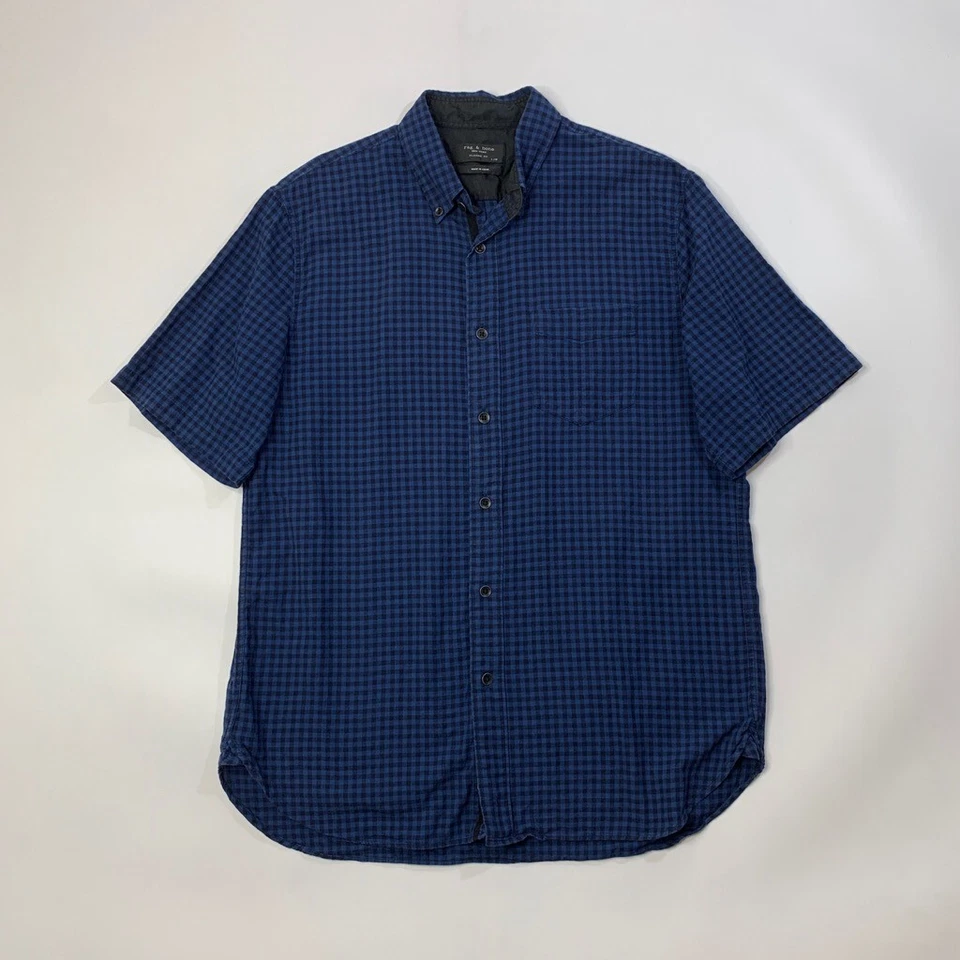 Rag & Bone Shirt Men L Large Prussian Blue Black Gingham Classic Fit Button Down - Image 2 of 4