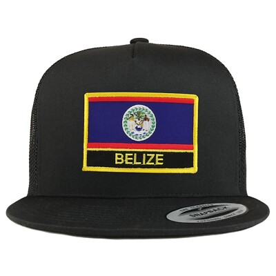 Flexfit XXL Belize Flag 5 Panel Flatbill Trucker Mesh Snapback Cap-Free shipping