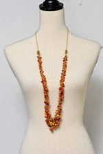 Multi layer cluster beaded long necklace fall colors orange red yellow statement