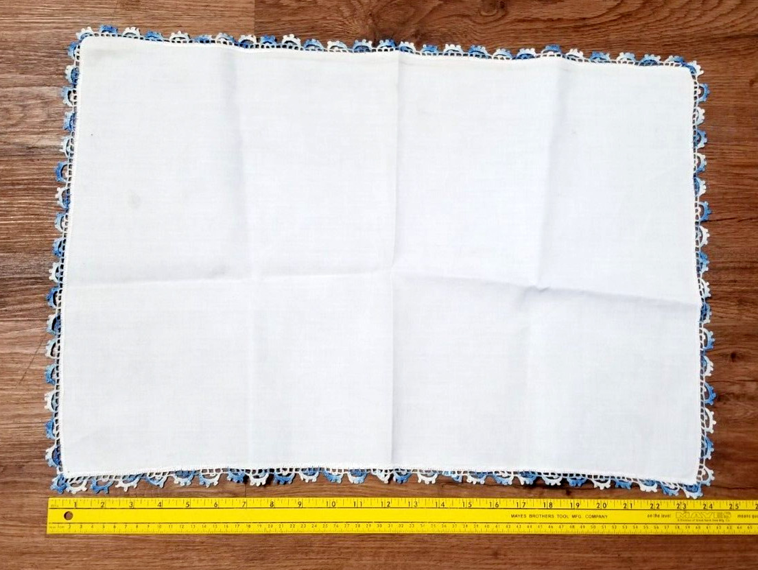 VTG Linen Table Runner or Dresser Scarf Handmade Blue Crochet Border 16" x 24"