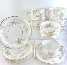 Antique R C Thomas SEVRES Germany 2 Handle Tea Cup  Saucer 12pc Set Floral 14k