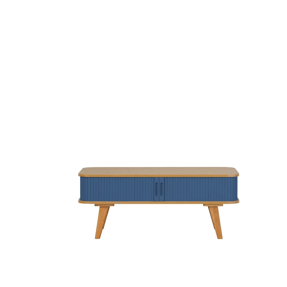 Bamboo Coffee Table with Dark Blue Sliding Doors 400mm H x 1000mm W x 500mm D - Image 2 of 3