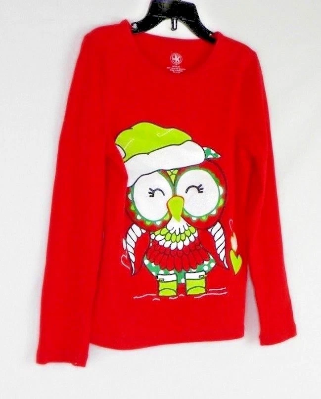 Camiseta J. Caqui Niños Niñas Talla Mediana Roja Manga Larga Brillo Búho Navidad Usada en Excelente Condición Foto 2 de 4