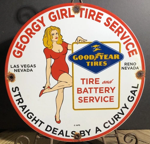 VINTAGE PORCELAIN GEORGY GIRL TIRE SERVICE GOOD YEAR TIRES GAS OIL SIGN