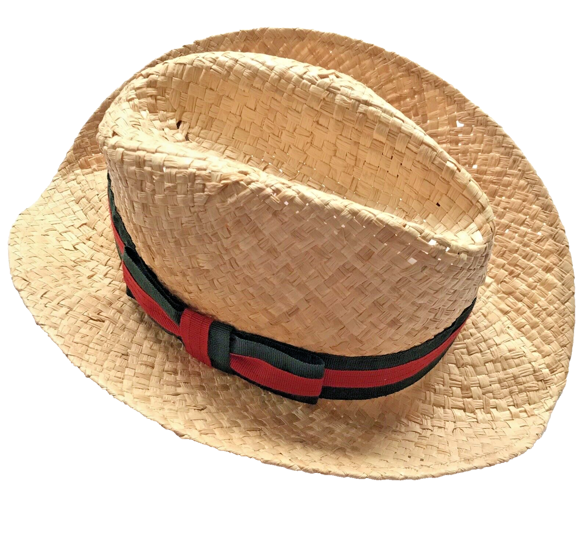 Saks Fifth Avenue Made in Italy Straw Fedora Hat Tan Green Red Band Preppy Cream Paper Straw Fedora Hat with Ribbon Band | Traveller  main image 4