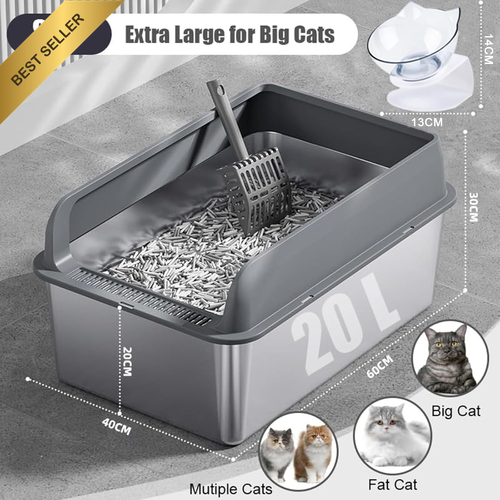 XL Stainless Steel Cat Litter Box 60x40x30cm with Lid Scoop Bowl - Picture 2 of 12