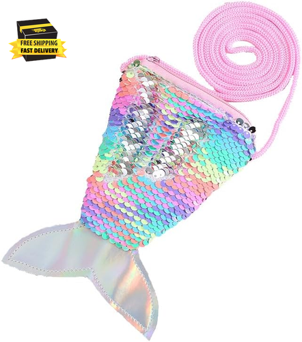 Mermaid Tail Coin Purse for Little Girls Sequin Crossbody Glitter Reversible Wal