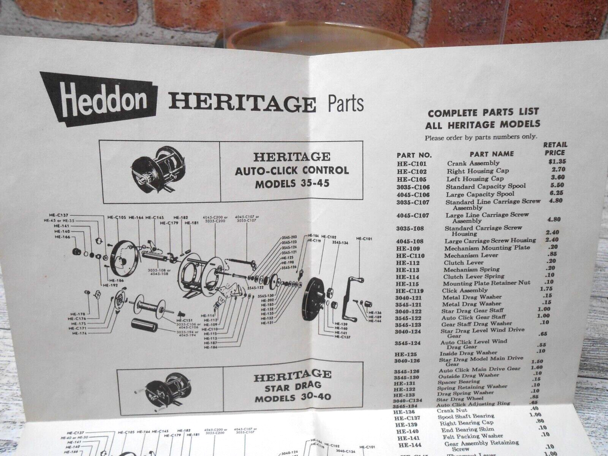 Vintage Heddon Heritage Fishing Reel Parts List Diagram Prices | eBay