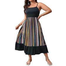 SHEIN Curve LUNE Women Black Geo Print Stripes Ruffle Hem Cami Dress 0XL/12 NWOT