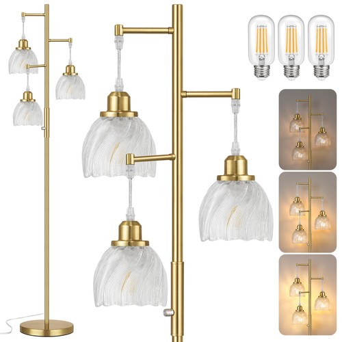 Gold Floor 3 Light Lamps With Glass Shades And Bulbs For Living Room Clearance