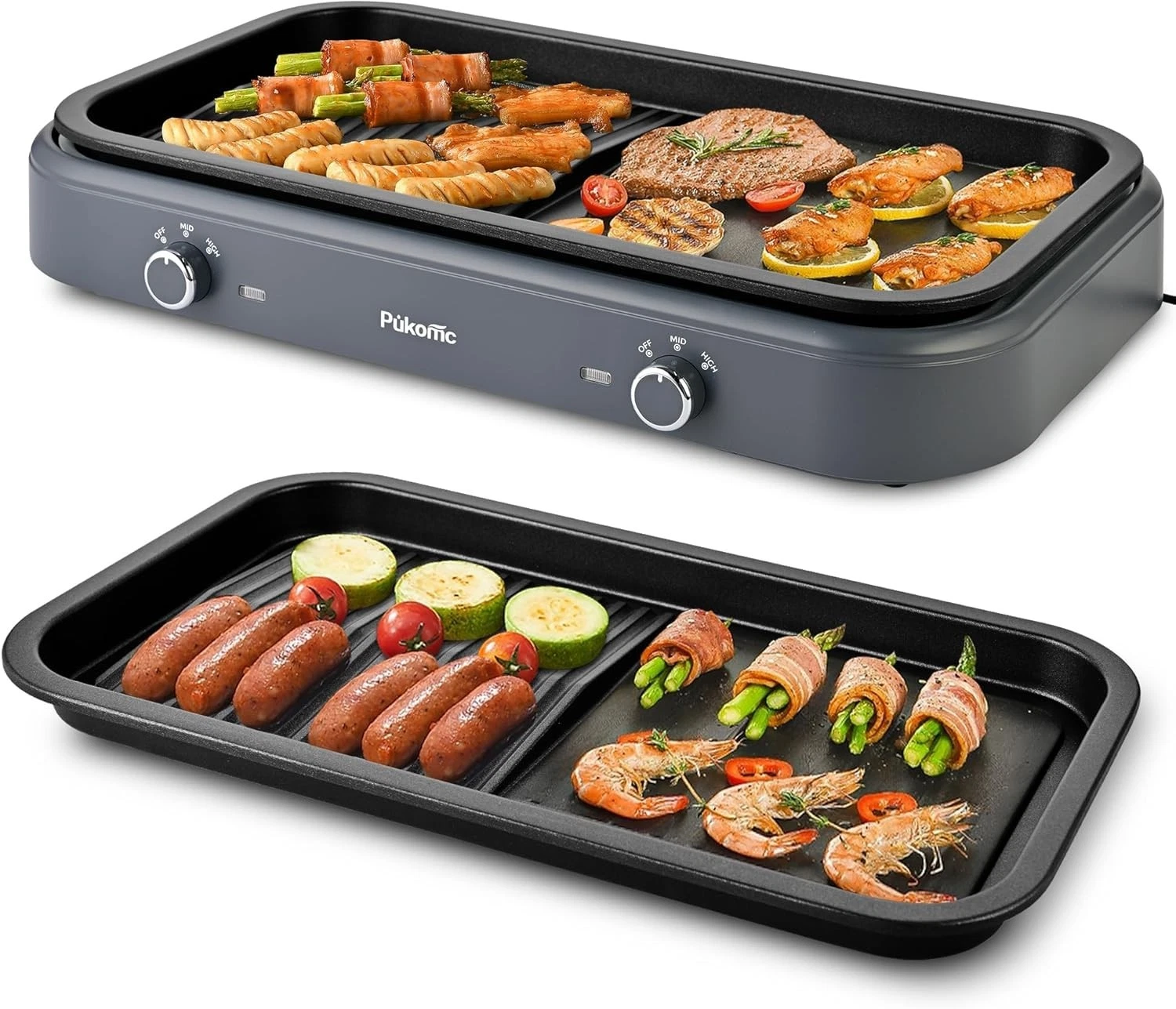 Pukomc HY-6320W Indoor Electric Grill Gray Aluminum Non-Stick Smokeless 1500W
