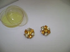 VTG Emmons Clip on Earrings, Orange/Clear Rhinestones, Emmons Box, 1950's