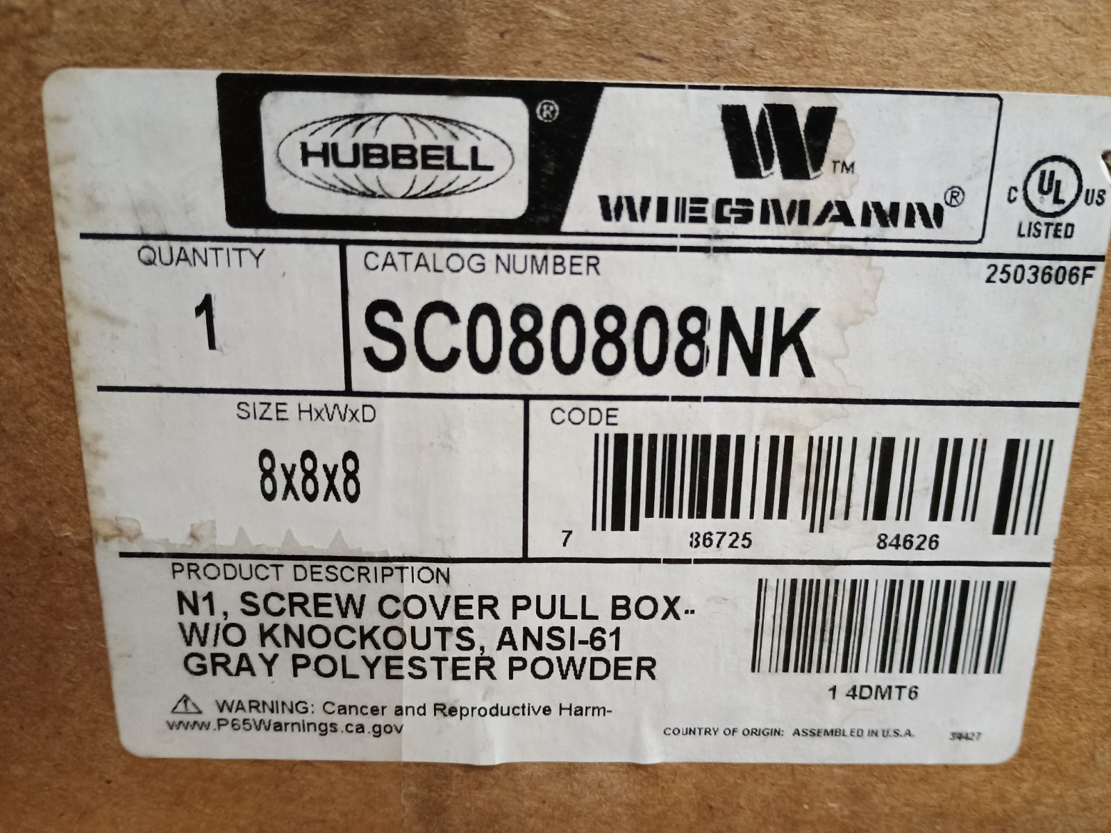 Hubbell Wiegmann SC080808NK, 8x8x8" Screw Cover Pull Box No Knockouts (No Cover)