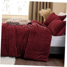 Fluffy Comforter King Set - Furry Leaves Pattern Faux King 102"x90" Burgundy