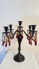 CANDELABRI vintage 13” ottone patina vetro rosso perline barocco gotico SPLENDIDO