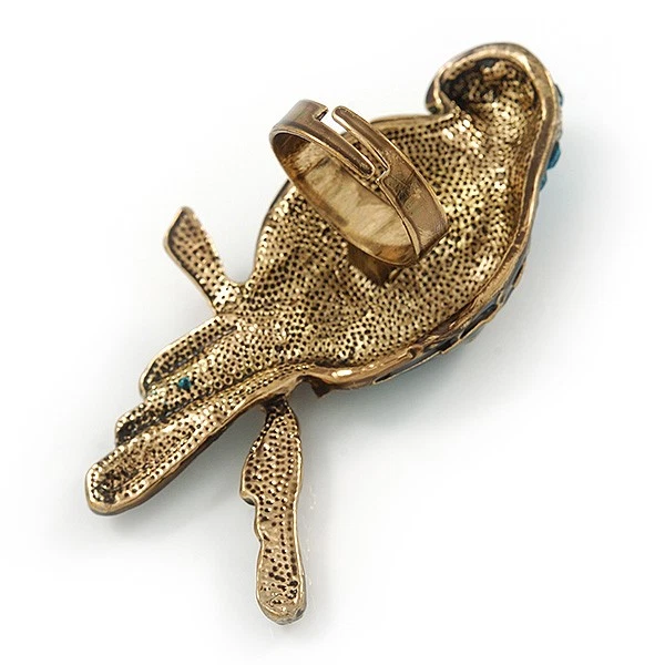 Anillo grande de cristal azulado loro loro en metal dorado antiguo - 60 mm L - tamaño 7/8 Foto 3 de 4