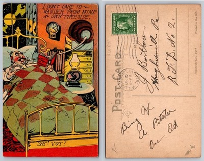 1917 Humorous Postcard Man in Bed Reading Schiller's Works Pipe Ice Barrel