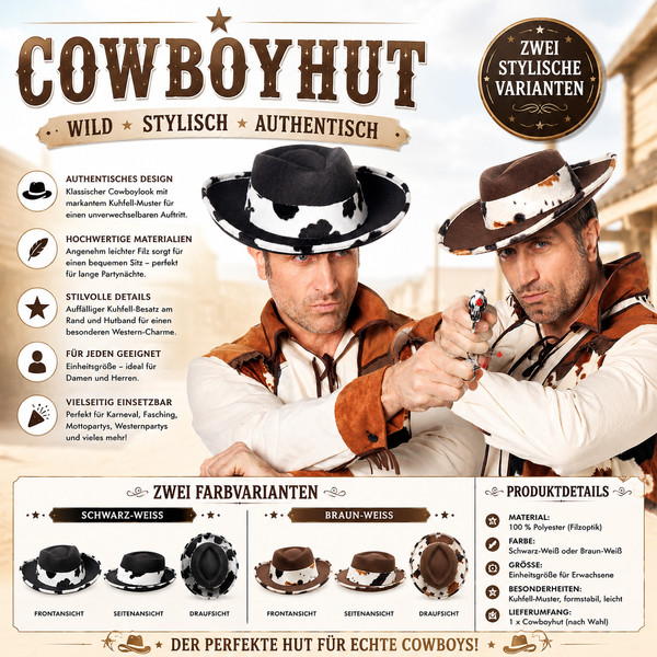 Cowboyhut Westernhut Kuhfell-Optik Schwarz Braun Karneval Fasching GrößE 57-image