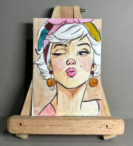 ACEO Original Watercolor Painting OOAK Winking Retro Pinup Girl Miniature Art
