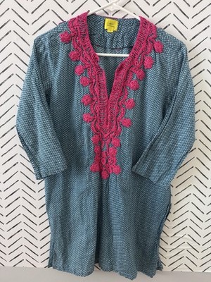 ROLLER RABBIT Boho Tunic Cover Up Applique Popover 3/4 Sleeve Cotton Blue Sz S