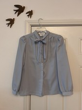 Vintage Wilroy Traveler Brownstone Womens Blouse Bust 38 Dusty Blue Bib Bow