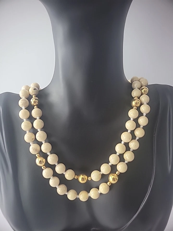Винтажное ожерелье из бисера камень ручной нанизанный бежевый желтовато-коричневый золотой тон ювелирных изделий костюм - Изображение 3 из 4