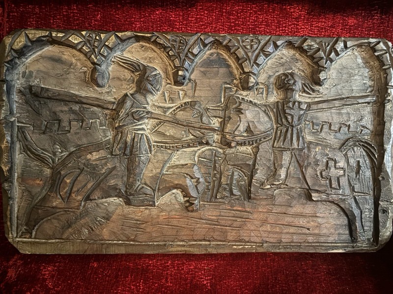 Antique Medieval Gothic Wood Carved Panel Plaque Battle Of Knights European Art