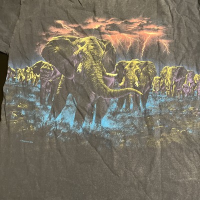 1990'S Vintage Graphic Print T Shirt XL Black Thai Elephant Wood