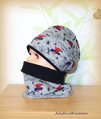 Beanie Mütze Wendemütze Loop 2er Set Spiderman Helden Wunschgröße grau Fleece