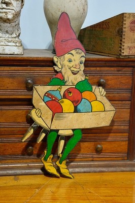 Vintage Christmas Elf Wood Sign Decoration Tree Bulbs Knee Hugger Pixie Gnome