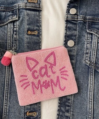 Handmade Coin Pouch Pink Seed Bead  Pouch Beaded Coin Bag Card Holder Cat Mom