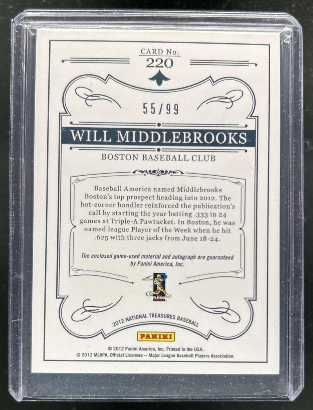 2012 Panini National Treasures Will Middlebrooks Jersey Auto RC #/99 Red Sox view 2