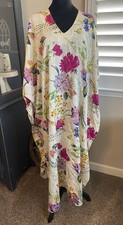 Vintage Sante Classics Floral Kaftan Muumuu One Size Satin V Neck Resort Flaws