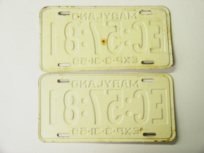 1958 - 1959 Pair Maryland License Plates Md Blue & White EC:57:81