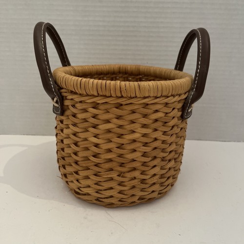 Small Tightly Woven Wicker Basket Round With Leather Handles