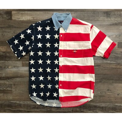 Ivy Crew Mens Large Red White & Blue Flag Short Sleeve Button Up Shirt