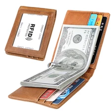 Mens Minimalist Money Clip Slim Bifold RFID Blocking Leather Front Pocket Wallet