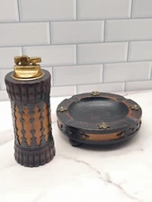Vintage Wood & Leather Ashtray and Table Lighter Set