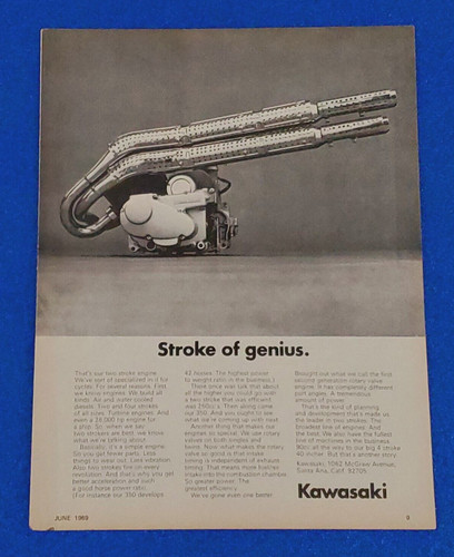 1969 KAWASAKI "STROKE OF GENIUS" 2 STROKE MOTORCYCLE ENGINE ORIGINAL PRINT AD