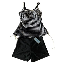 Yonique Swim Top And Short Set Women Size M Black And White Striped Tank Stretch
