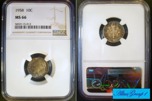 1958 Roosevelt dime SILVER 10c NGC MS-66 Toned ~ Speckled Blue & Gold obv & rev - Picture 1 of 9