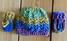 Crocheted Unisex Winter Beanie/hat  Tie Mittens Multicolor 0-3 Months Handmade
